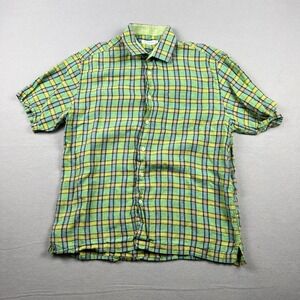 Alex Cannon Mens Large Green Plaid 100% Linen Short Sleeve Button Down Shirt